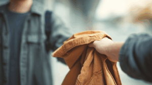 A person holding out a jacket to a friend who is about to head out. 