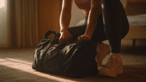 A person in workout clothes, packing their gym bag after a long day at work