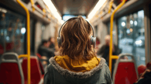 A person listening to an audiobook on their commute