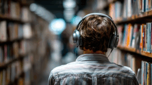 A person listening to an audiobook with headphones