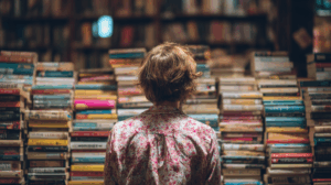 A person looking at a stack of books they’ve been reading