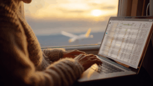 A person looking at flight options on their laptop, planning their upcoming trip to Paris.