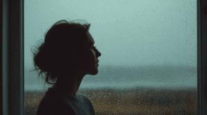 A person looking out of a window on a cloudy day