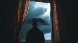 A person looking out of a window with an umbrella in hand, observing dark clouds in the sky.
