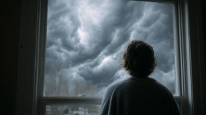 A person looking out of the window, observing dark clouds rolling in.