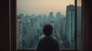 A person looking out their apartment window at a familiar cityscape