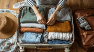A person packing a suitcase with clothes and travel essentials