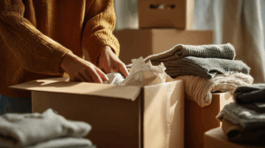 A person packing boxes and sorting through items, preparing to move to a new home.