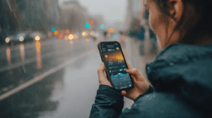 A person reading the weather forecast on their phone, uncertain about the prediction.
