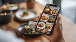 A person recommending a new restaurant to a friend, while showing pictures of delicious dishes on their phone.