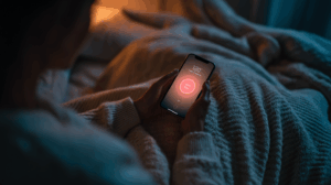 A person setting an alarm on their phone, deciding not to stay up late tonight. 