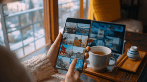 A person showing a friend their travel photos from Japan while sitting at home