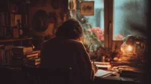 A person sitting at a desk in a cozy room, writing in a journal