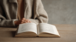 A person sitting at a desk, reading a book about English grammar
