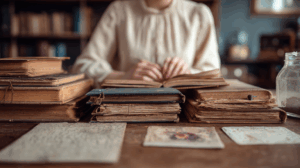 A person sitting at a desk, reading through old notebooks filled with lessons and experiences.