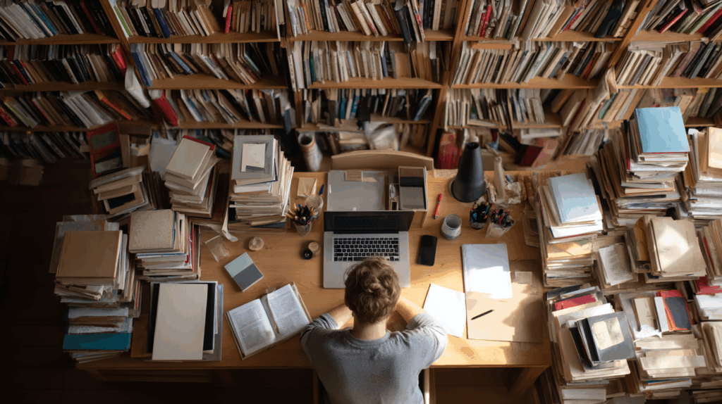 A person sitting at a desk surrounded by books, notebooks, and a laptop