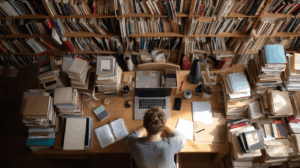 A person sitting at a desk surrounded by books, notebooks, and a laptop