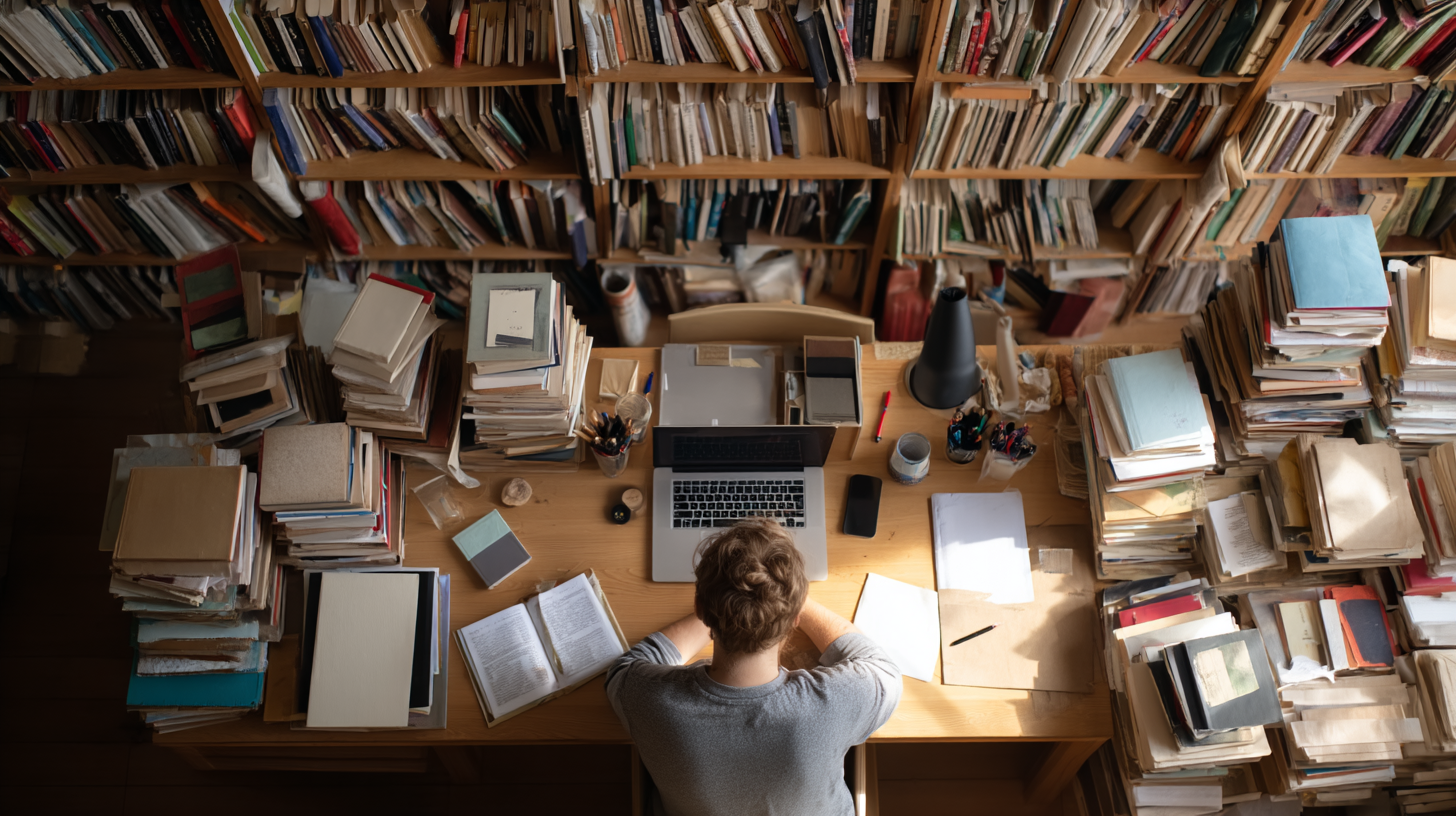 A person sitting at a desk surrounded by books, notebooks, and a laptop