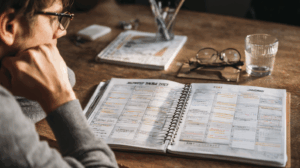 A person sitting at a desk with a detailed planner, looking thoughtfully at a calendar with future plans marked.