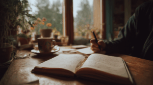 A person sitting at a desk with a journal open