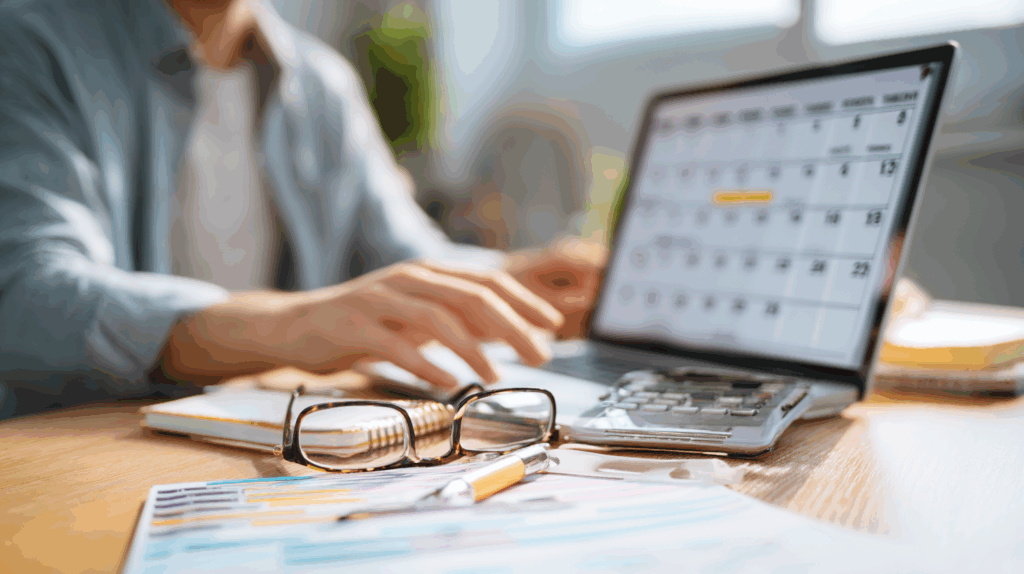 A person sitting at a desk with a laptop open to a digital calendar, writing future plans in a planner.