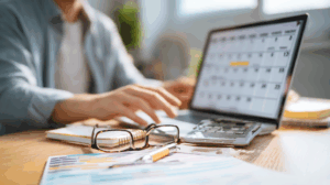 A person sitting at a desk with a laptop open to a digital calendar, writing future plans in a planner.
