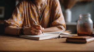 A person sitting at a desk with a notebook, writing down future plans