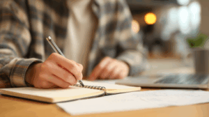 A person sitting at a desk with a notebook, writing down notes