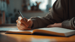 A person sitting at a desk with a pen in hand
