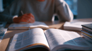 A person sitting at a desk with an open grammar book