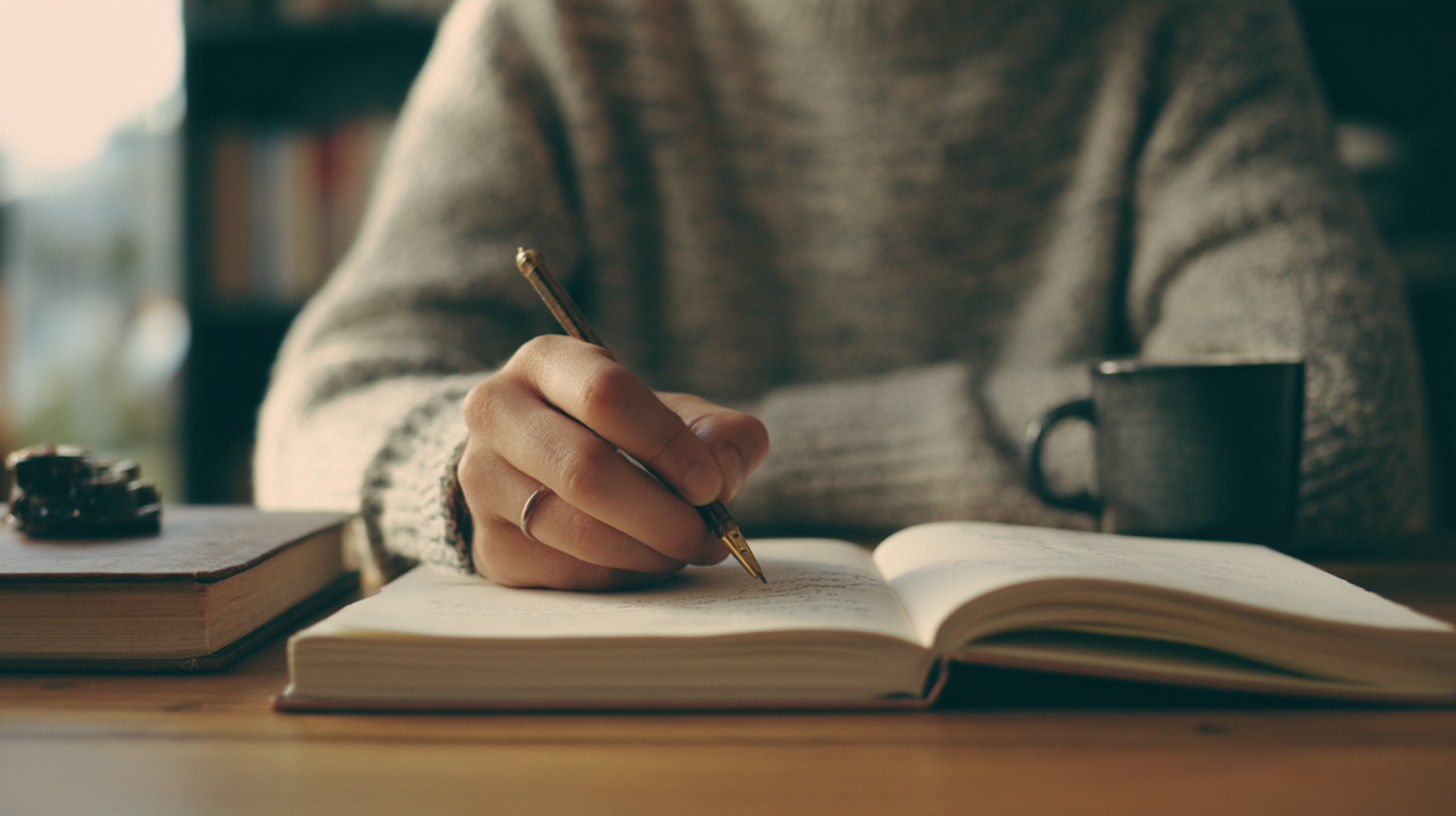 A person sitting at a desk with an open notebook
