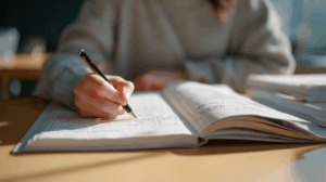 A person sitting at a desk, writing in a grammar workbook