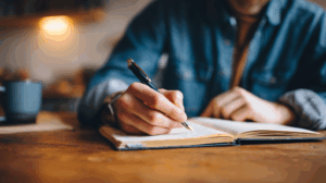 A person sitting at a desk, writing in a journal with a pen