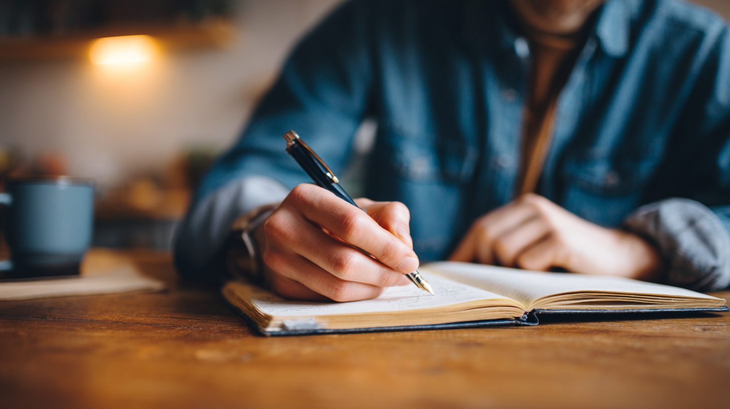A person sitting at a desk, writing in a journal with a pen