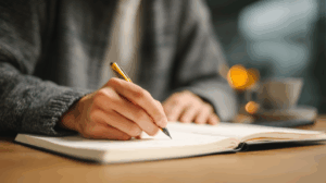 A person sitting at a desk, writing in a notebook
