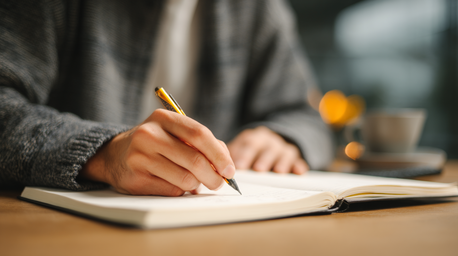 A person sitting at a desk, writing in a notebook