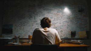 A person sitting at a desk, writing sentences on a whiteboard
