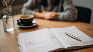 A person sitting at a table with a planner, writing down planned activities