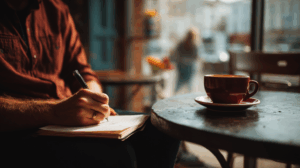A person sitting in a quiet café, writing in their journal about their future goals