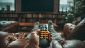 A person sitting on a couch with a remote control in hand