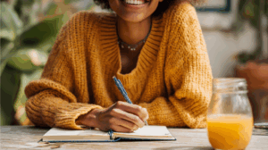 A person smiling with confidence, writing in a journal about their day