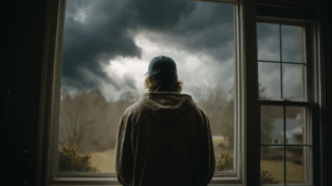A person standing by a window, looking at dark clouds gathering in the sky. 