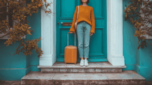 A person standing by the door of a house, holding a suitcase and smiling