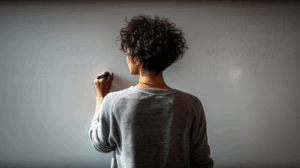 A person standing in front of a whiteboard