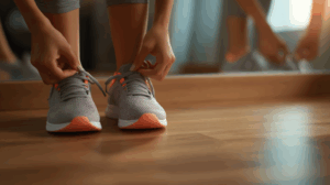 A person tying their running shoes, standing in front of a gym mirror, ready to begin a fitness routine. 