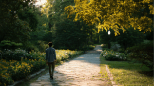 A person walking in a peaceful park on a sunny day