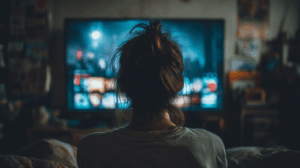 A person watching a movie on TV