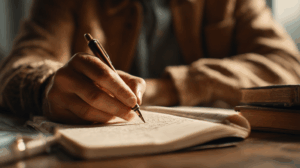 A person writing a journal entry with highlighted words