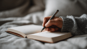 A person writing in a journal about their goals for the upcoming year