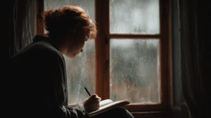 A person writing in their journal by a window
